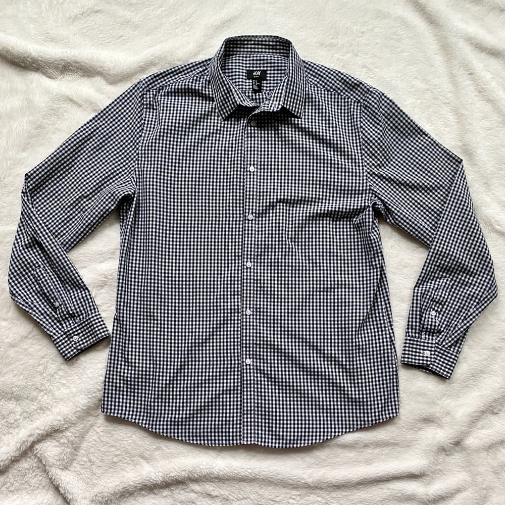 H&M Men’s Slim Fit Gingham Plaid Button Up Shirt Navy Blue White Size XL